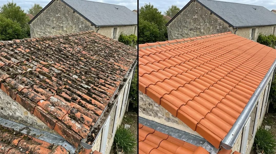Démoussage d'une toiture en tuile canal envahie par la mousse à Pau